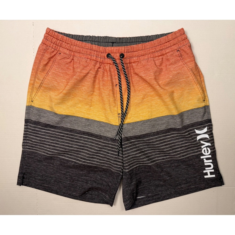 Hurley Swim Trunks Large Orange Grey Striped Ombre Board Shorts Mens Stretch 7in